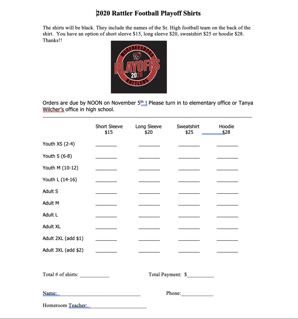 Order Form for FOOTBALL PLAYOFF SHIRTS