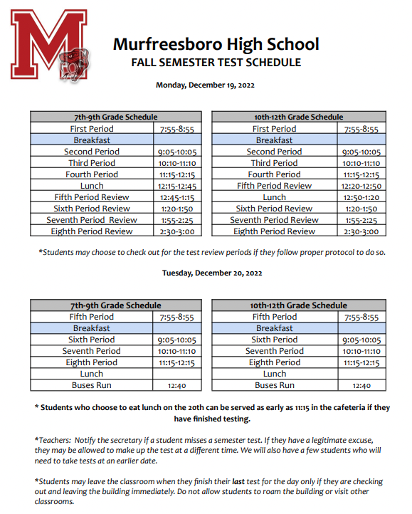 MHS Fall Semester Test Schedule 2022